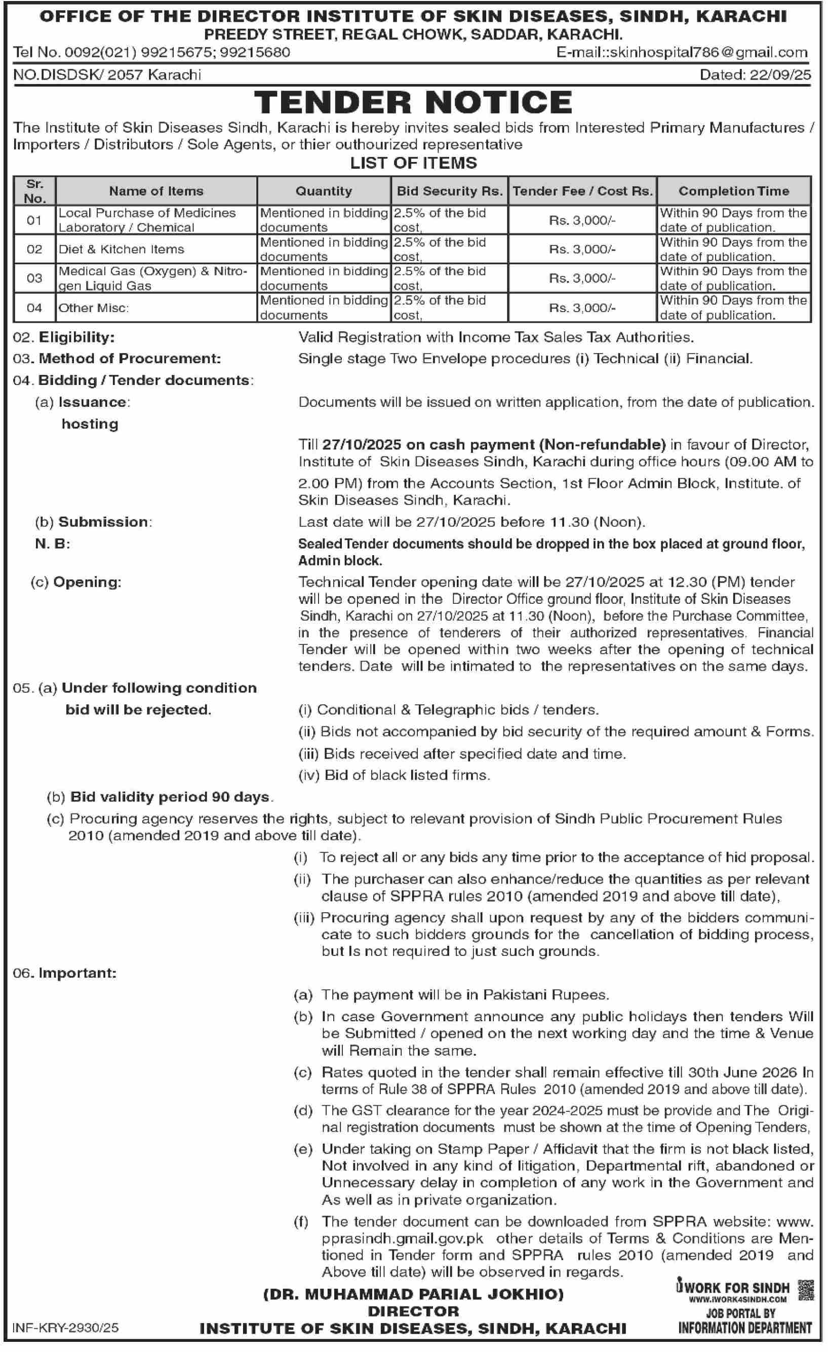 The Institute of Skin Diseases Sindh Karachi Tender Notice